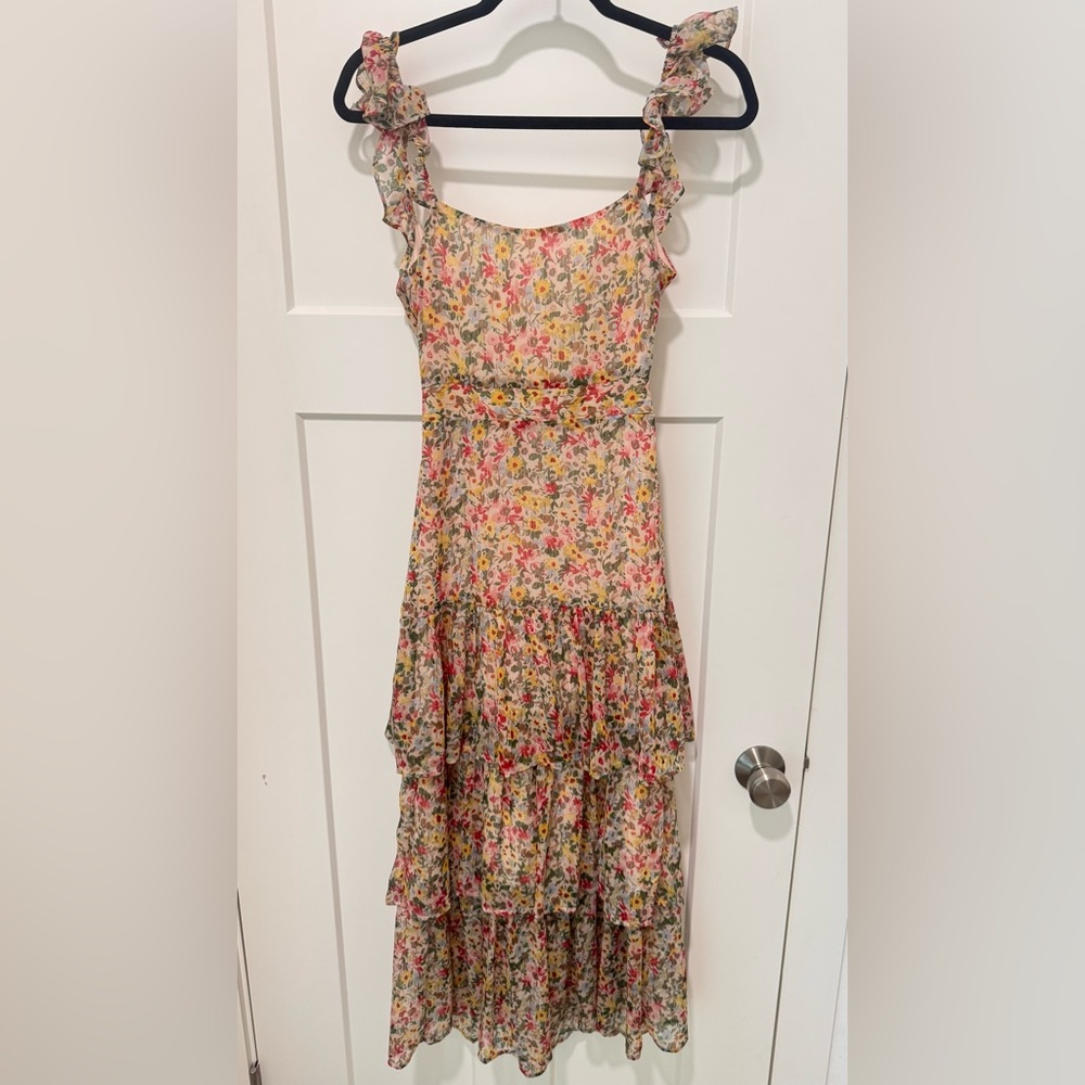 Astr Pink and Yellow Ruffled Tiered Sundress